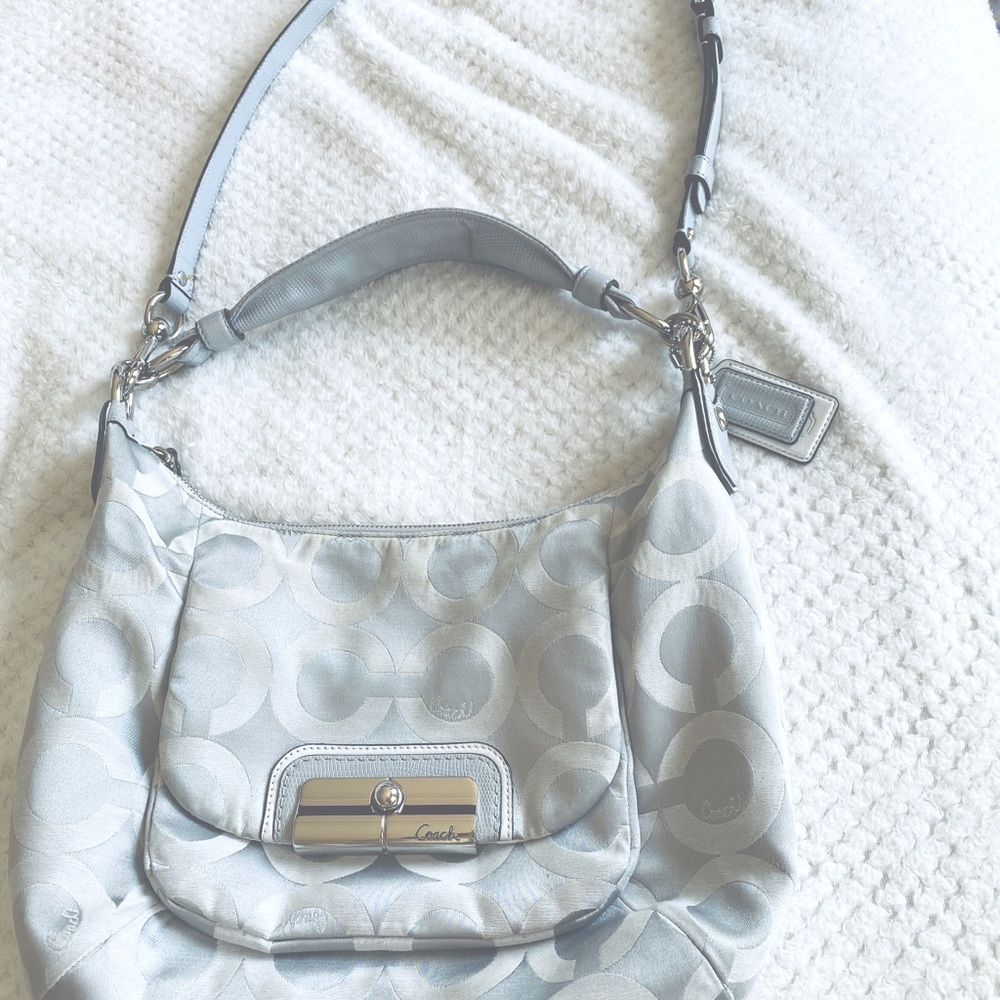 Designer Coach Signature Blue Grey Logo Purse  Handbag Crossbody 2 ways to wear